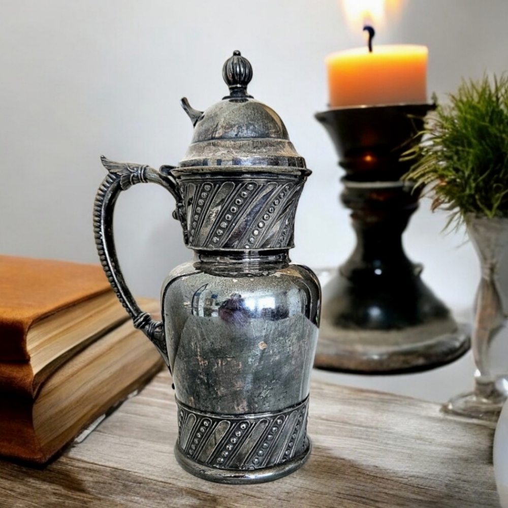 Antique Syrup Pitcher Quadruple Silverplate Tarnished Black Dark Moody Victorian